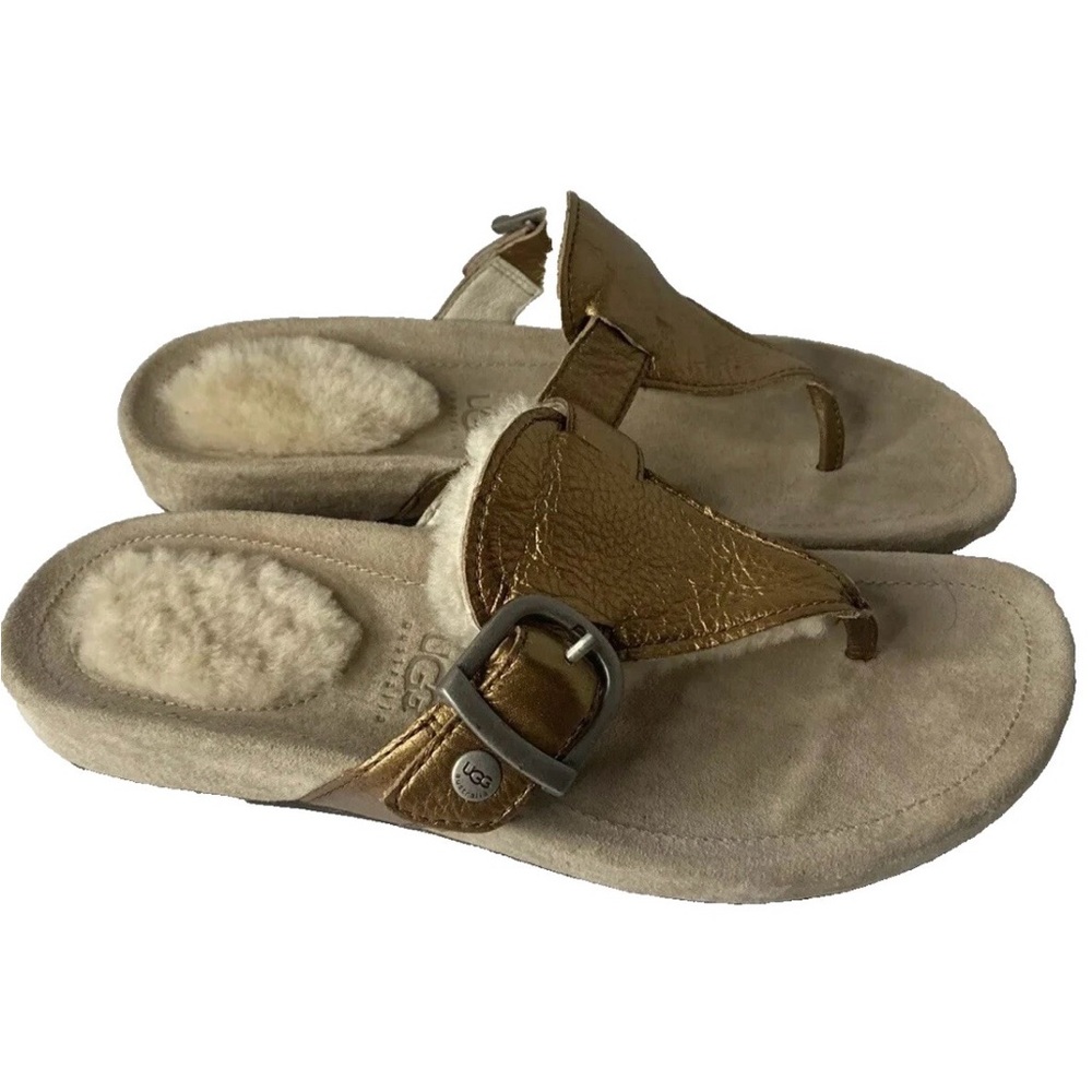UGG Metallic Bronze Leather Sheepskin-Trim Thong Sandals GYPSY SIZE 7 US